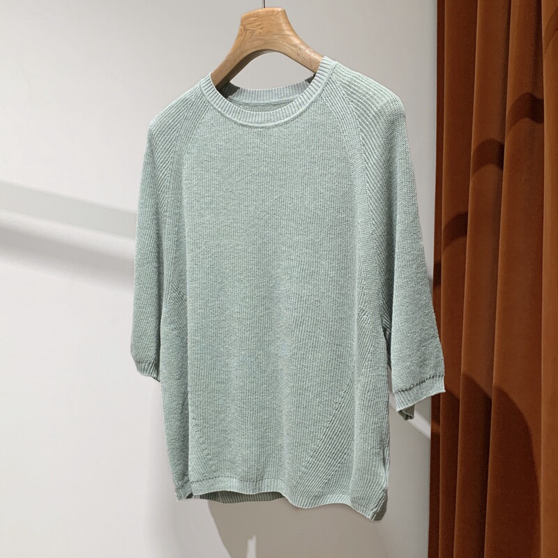 Sweeping Everything Away~ Zhenwei Sha's Quality-Assured Linen + Mulberry Silk Gray-Green Mid-Sleeve Knitwear, New Color for 2026