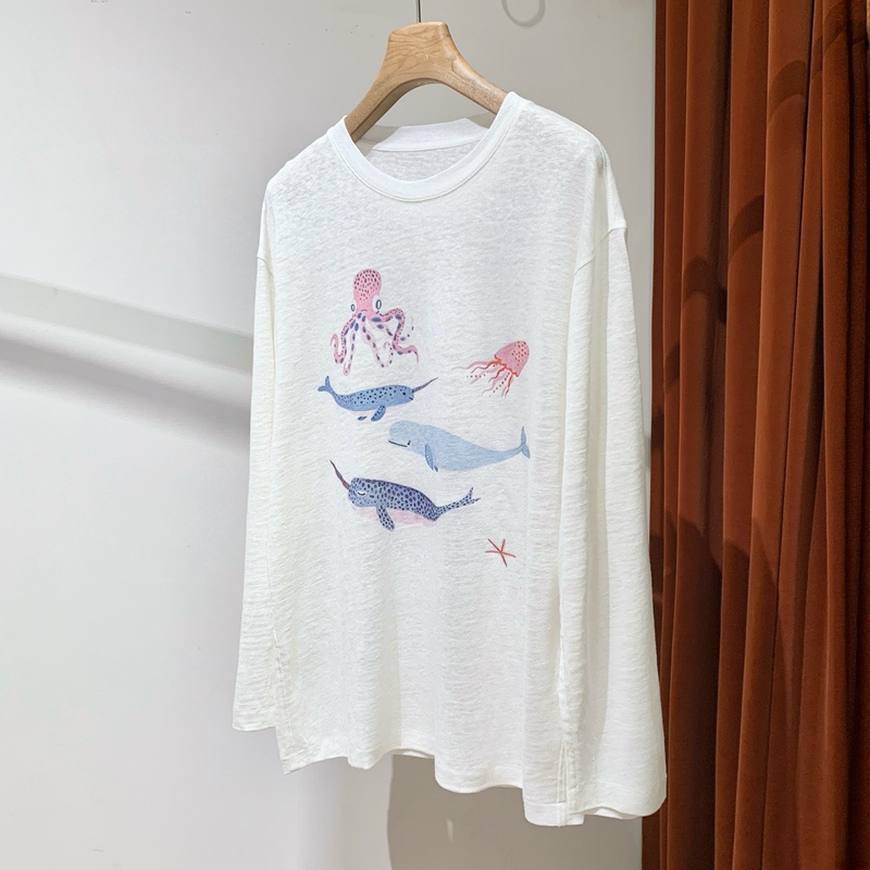National Trend~ It's so Age-Reducing! 100% Linen Ocean Animal Print Long-Sleeved Knit Top with Air-Conditioning and Sun Protection