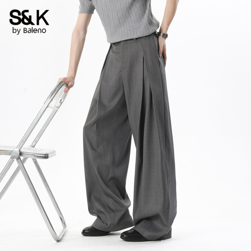 Baleno American-Style Pleated Knife-Cut Pants for Men, Summer Thin Loose Versatile Casual Pants, Straight Wide-Leg Dress Pants
