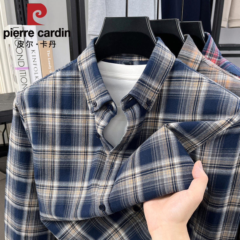 Pierre Cardin Genuine Autumn and Winter New Cardigan Men's Plaid Long-Sleeved Brushed Shirt Modal Casual Cotton Shirt