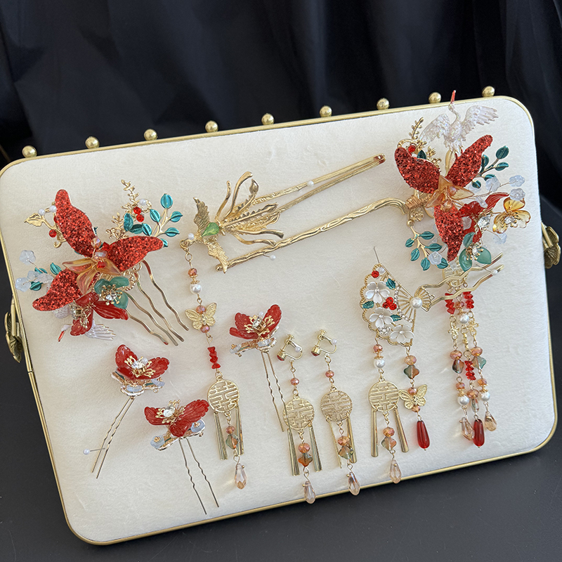 New Chinese bridal red-made liquid floral glazed flowers retro flow Su head decorated with ancient wind show and qipao headwear-Taobao