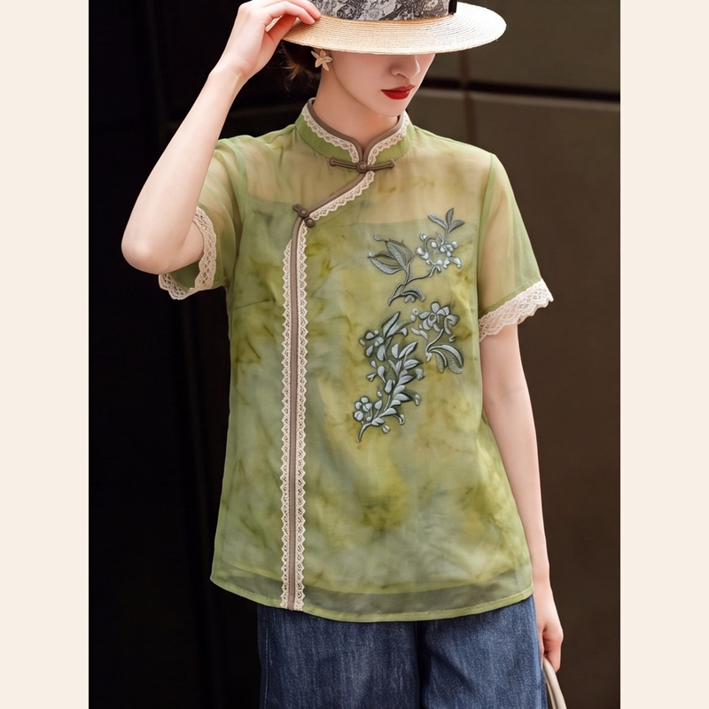 New Chinese-Style Embroidered Shirt with Green Lace Trim, High-End and Elegant Versatile Top, 2026 Summer Women's New Fashion New Chinese-Style Embroidered Shirt with Green Lace Trim, High-End and Elegant Versatile Top, 2026 Summer Women's New Fashion