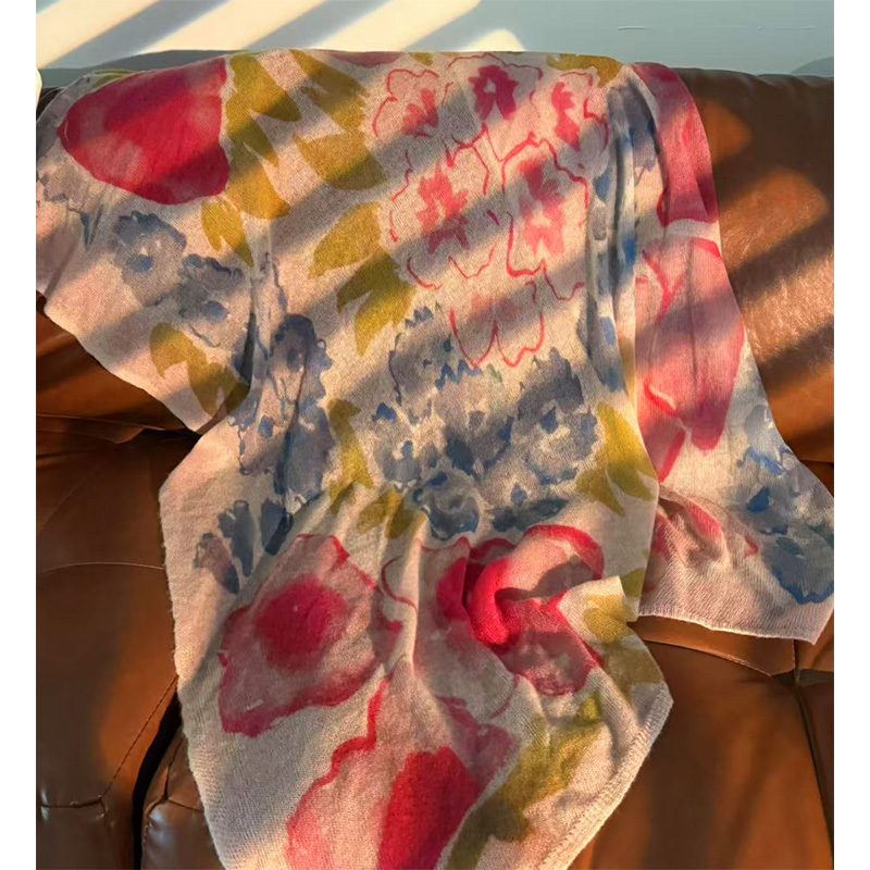 [Goat Cashmere Scarf] Zhi Shi Original LAOSHU 100% Goat Cashmere Knitted Printed Large Shawl, Fluffy and Soft