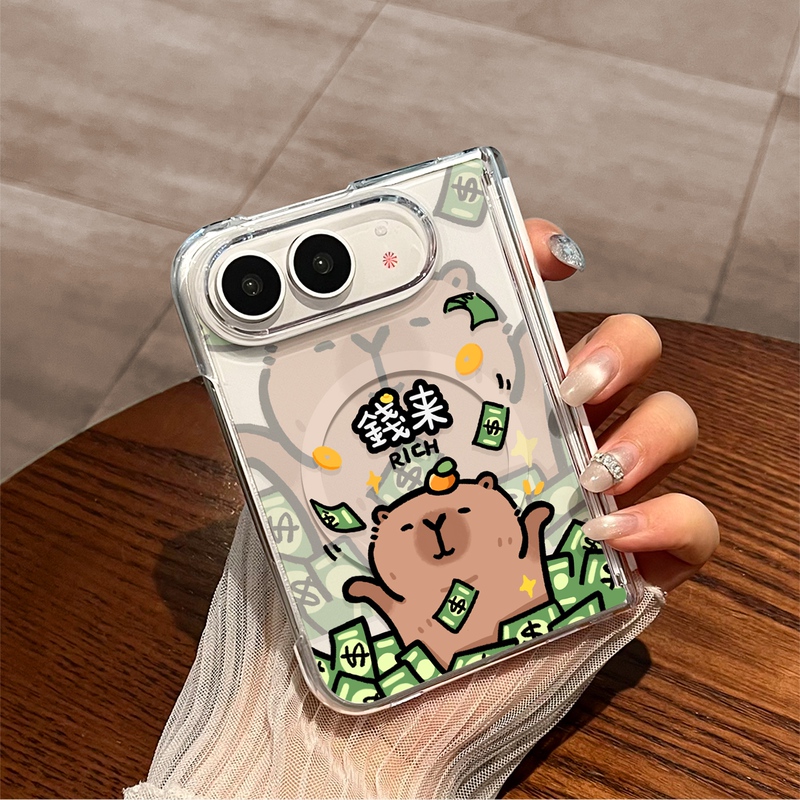 Ling Rong Is Suitable for iPhone Duo Phone Case, Money Comes In, Kapibara Apple Duo New Transparent Wide Folding Screen Magnetic Hard Case Protective Cover, Creative Cute Half-Pack for Men and Women, Anti-Drop, High-End Feel