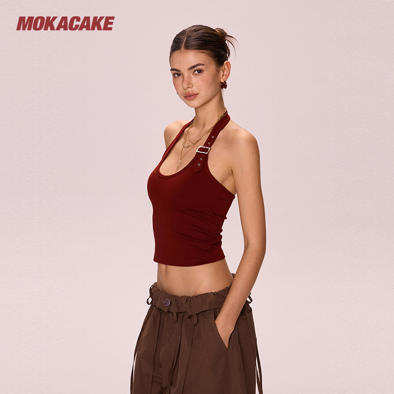 MOKACAKE красная блузка на бретельках с коротким рукавом на бретельках с узором hot girl design sense, женская летняя блузка без рукавов Изображение 1