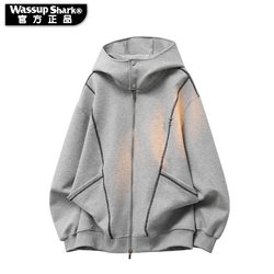 Wassup Shark American-Style Heavyweight Cardigan Sweatshirt for Men, Hooded, Spring and Autumn Thin Zip-Up Jacket, Loose Fit for Couples, Trendy