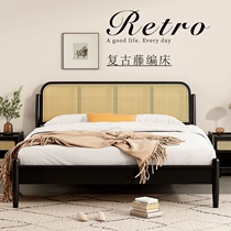 Rattan bed wabi-sabi style rattan bed sheets double bed small apartment bedroom big bed bed and breakfast hotel rental room black