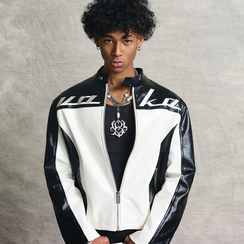 【Vaka Typeshyt】Motorcycle Embroidered Leather Jacket and Pants Set, Short Stand-Up Collar, Unisex Style