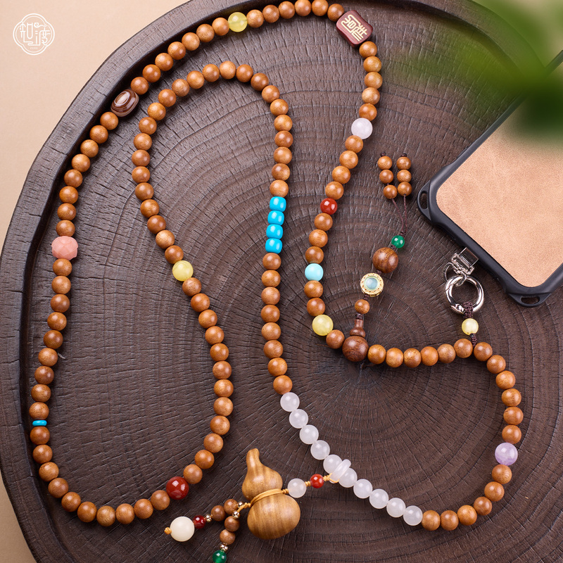 Original New Chinese-Style Buddhist Bead Gourd Mobile Phone Lanyard Wooden Bead Chain Taoist-Style Flowing Beads Cross-Body Back Chain Mobile Phone Strap