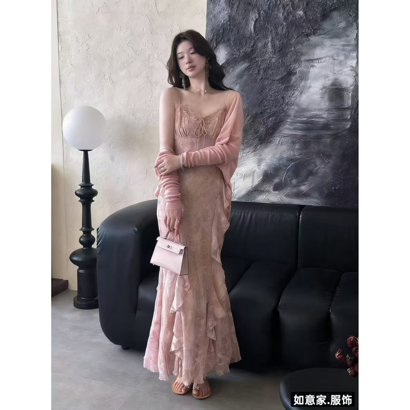 Ruyijia French Fairy-Style Pink Spaghetti Strap Dress for Women, Waist-Cinching Mermaid Dress, Elegant Long Dress, Slimming Floral Dress