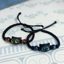 High-quality crystal ebony cute personality cat head big eyes cute pet bracelet for men and women hand-knitted rope bracelets