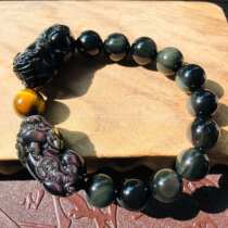 East China Sea Festival high crystal natural double-eyed obsidian double Pixiu bracelet with yellow tiger eye spacer beads