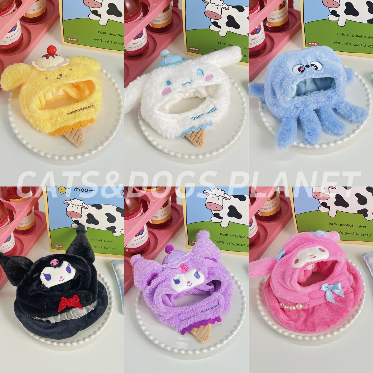 Головной убор для домашних собак и кошек серии Sanrio с открытыми ушами, регулируемая шляпа с перекрестной повязкой, фото головных уборов, детской одежды