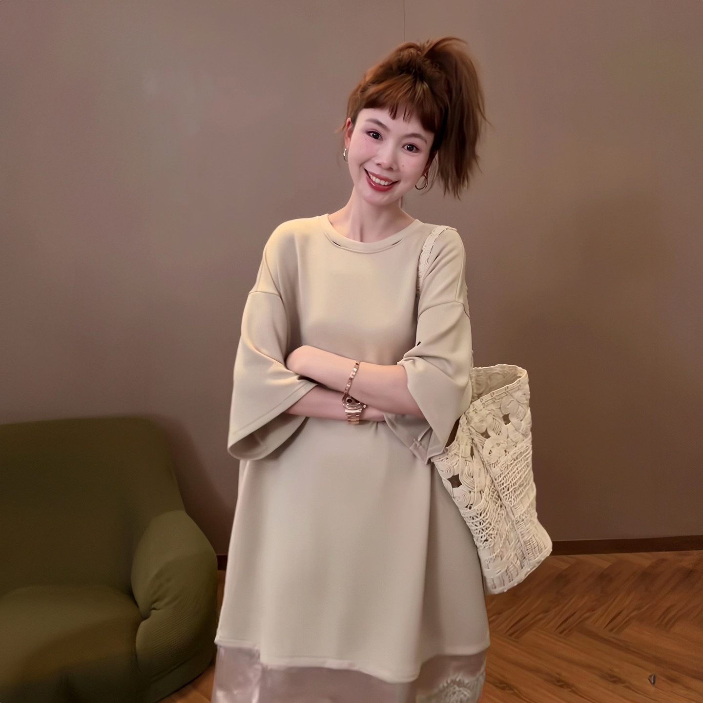 韩系设计时尚中长款遮屁股蕾丝拼接短袖T恤女夏季气质百搭连衣裙