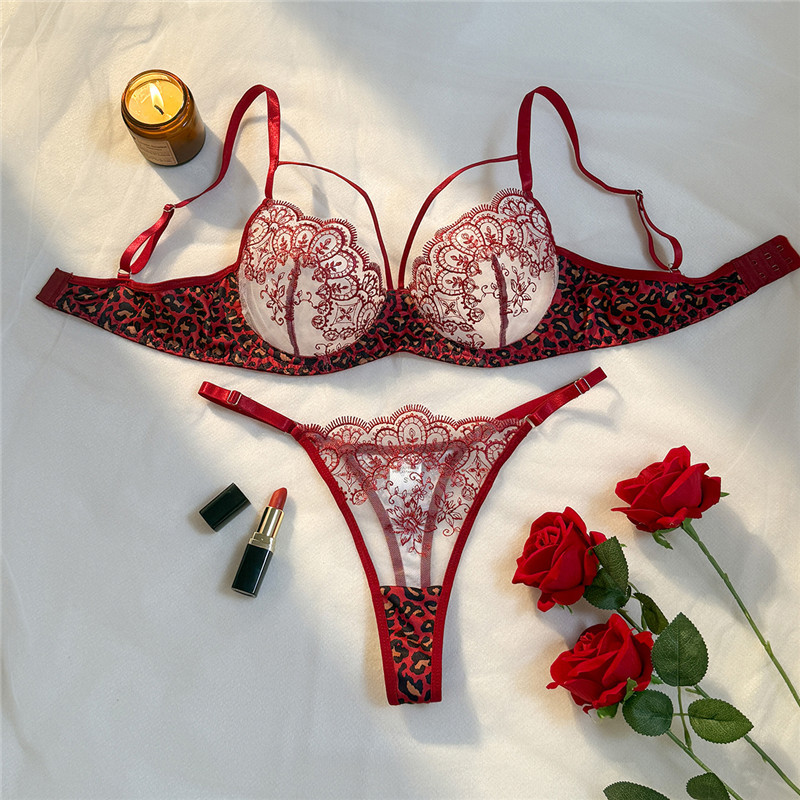 Victtoris Bars Burgundy Leopard Print Lingerie Set Women's Bra Thin Sexy Ladies New Lace