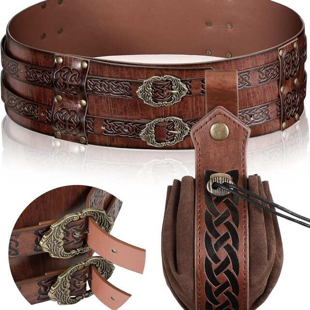 Knight Belt Medieval Retro Waist Belt Waist Bag Viking Style Embossed Wide Leather Belt Cosplay