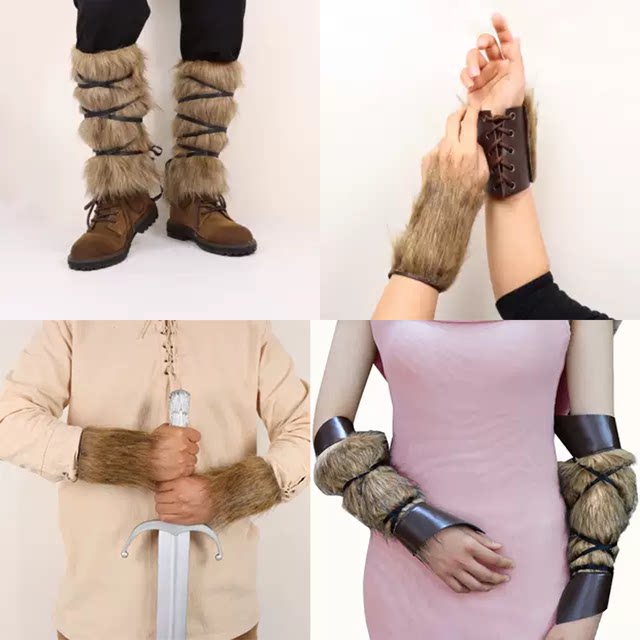 Medieval Viking Sleeves, Foot Covers, Wrist Guards, Artificial Fur, Winter Cosplay Stage Performance Props