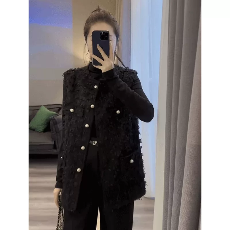 Осенний длинный жилет без рукавов, свободный крой, стиль Chanel, средней длины