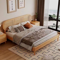 Rattan solid wood bed 1 8m double bed rattan bed Nordic retro log minimalist French bed and breakfast furniture wabi-sabi style bed