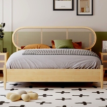 Rattan solid wood bed 1 8m double bed rattan bed Nordic retro log simple Japanese style bed and breakfast furniture wabi-sabi style bed