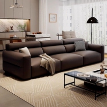 Big black cow sofa living room Italian minimalist light luxury straight row small apartment 2024 new leather sofa first layer cowhide