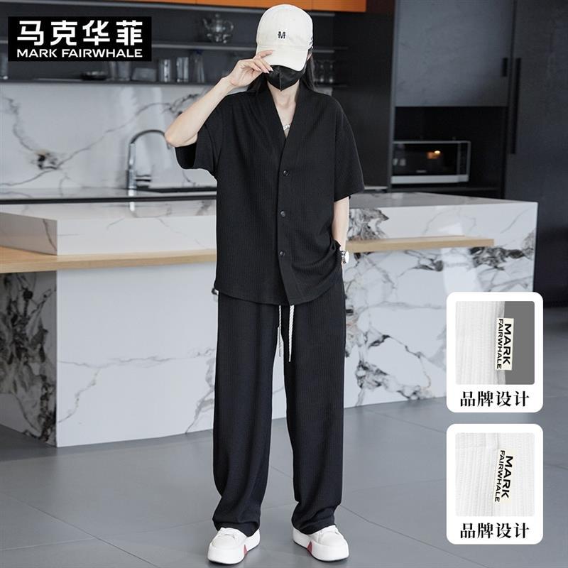 Mark Fairwhale/Mark Fairwhale 2026 Summer V-Neck T-Shirt, Long Pants, Short-Sleeved Solid Color Casual Men's Suit
