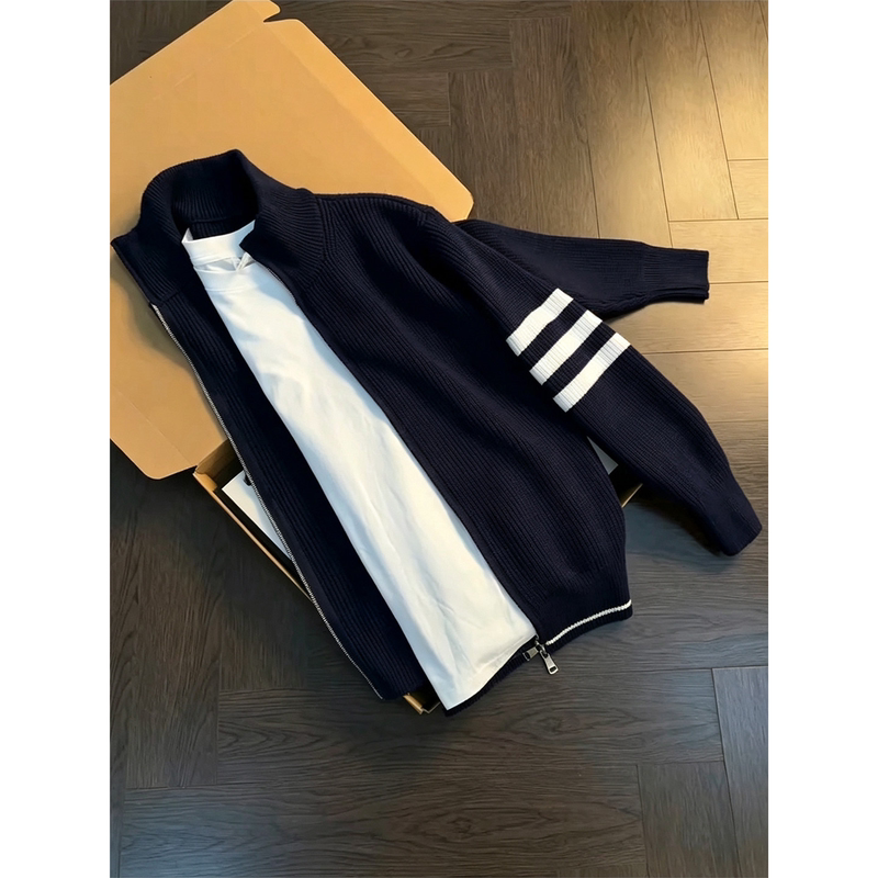American-Style Cleanfit Three-Stripe Knit Cardigan for Men, Autumn and Spring Sweater with Stand Collar American-Style Cleanfit Three-Stripe Knit Cardigan for Men, Autumn and Spring Sweater with Stand Collar