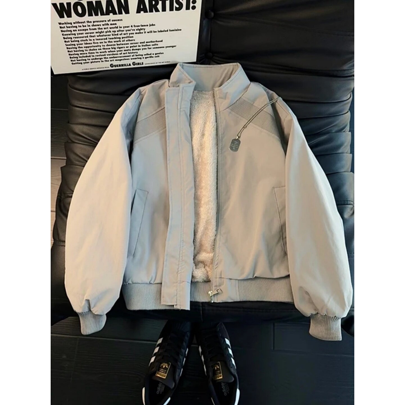Diagonal Cut Fleece-Lined Thickened Jacket for Men, Autumn and Winter American-Style Deconstructed Short Baseball Jacket Workwear Coat