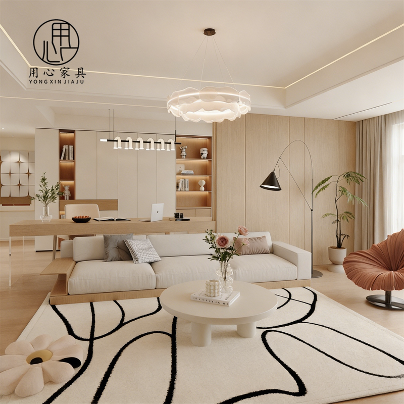 Wabi-Sabi Style Solid Wood Sofa for Model Home Reception Living Room Rest Area, Natural Wood Style Hotel and Homestay Straight-Row Sofa
