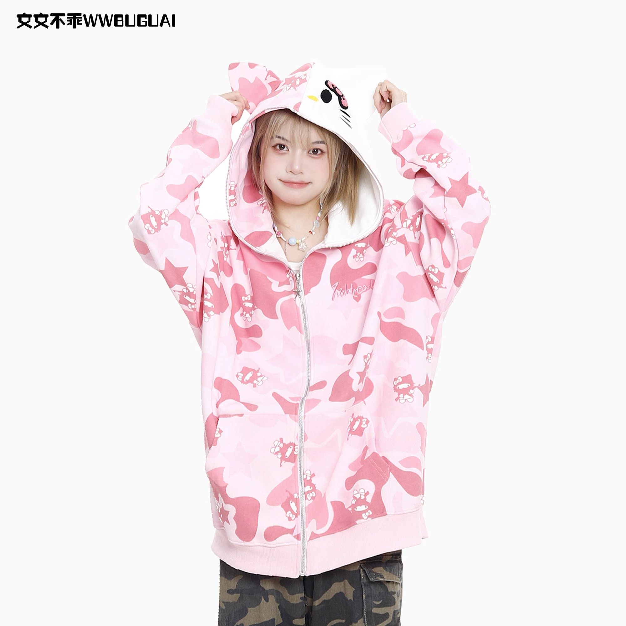 Original American Katie cat full print Lianhood male and female loose lovers casual lazy wind zipper-Taobao