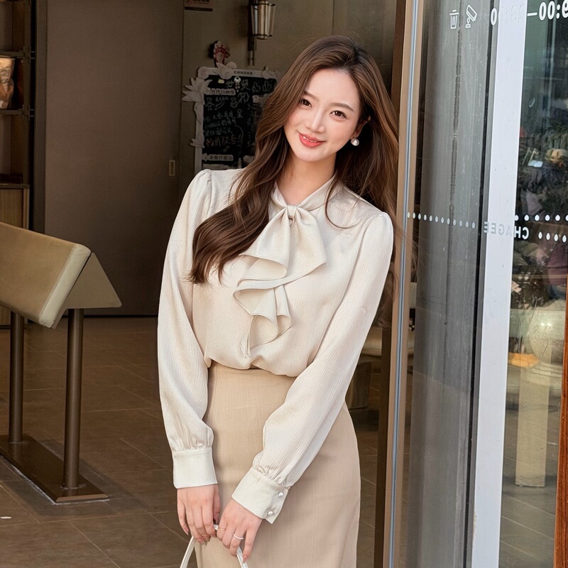 [Lotus Leaf Collar Shirt] Blue Light Luxury French Long Sleeve Base Shirt Spring/Summer Niche Women's Shirt 2601
