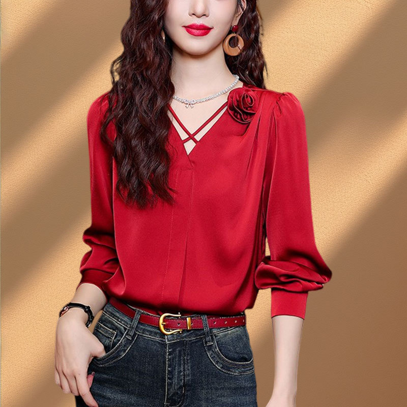 High-End Silk Shirt Top for Women, New Spring and Autumn Style, Red Shirt for the Year of Birth, Stylish V-Neck Mulberry Silk Shirt High-End Silk Shirt Top for Women, New Spring and Autumn Style, Red Shirt for the Year of Birth, Stylish V-Neck Mulberry Silk Shirt