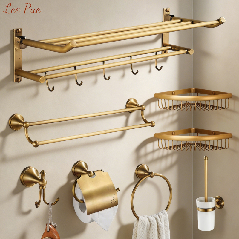 All-Copper Bathroom Towel Rack, No-Drill Brushed Gold Bathroom Shelf, Foldable Towel Rack, Hardware Accessory Set
