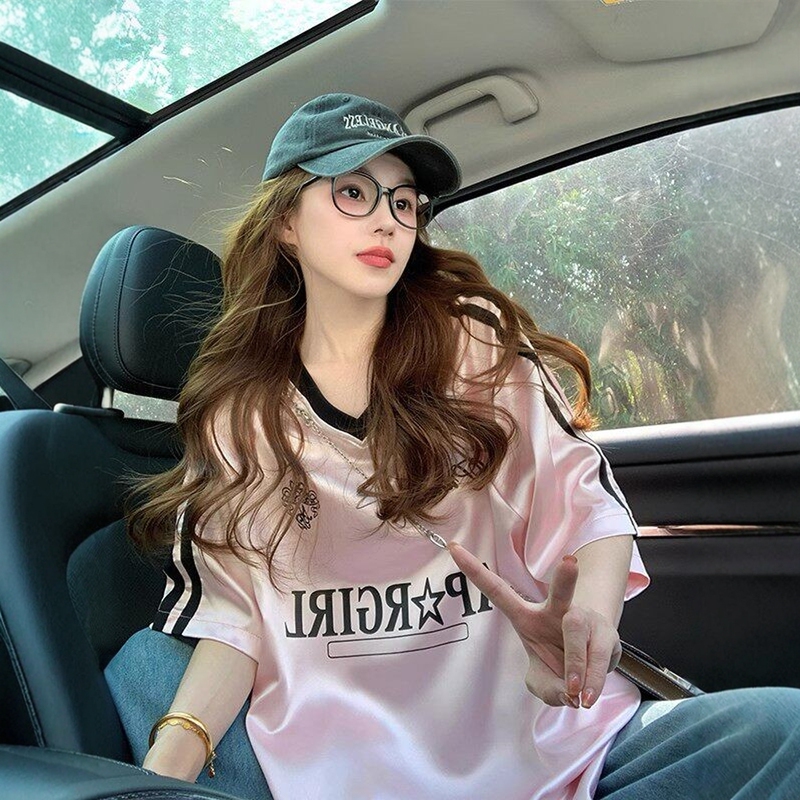 French Berydia Pink American Letter Print Ice Silk Short-Sleeve T-Shirt for Women 2026 New Summer Jersey-Style Top French Berydia Pink American Letter Print Ice Silk Short-Sleeve T-Shirt for Women 2026 New Summer Jersey-Style Top