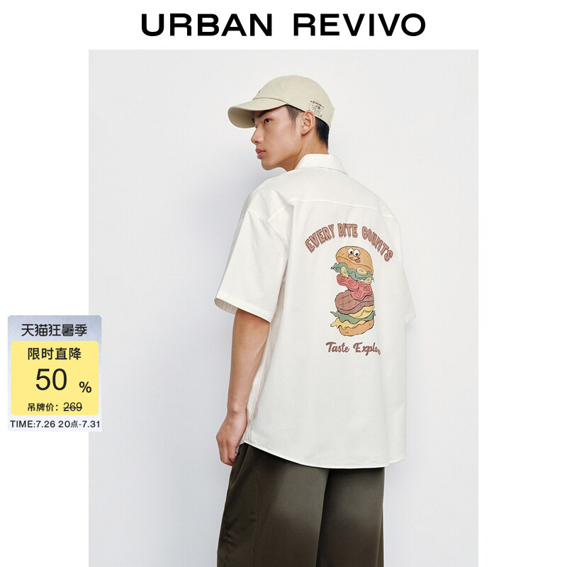 Ur2026 New Summer Men's Fashion Trend Letter Hamburger Cartoon Back Print Short-Sleeved Shirt Uuy260019