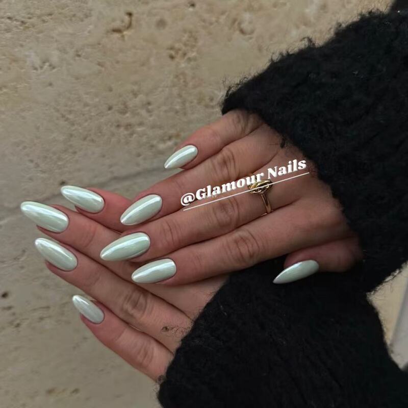 【Gn】Mint Green Hailey Powdered Almond High-Quality Texture Pure Handmade Nail Art Wearable Nails Daily Use Stickers