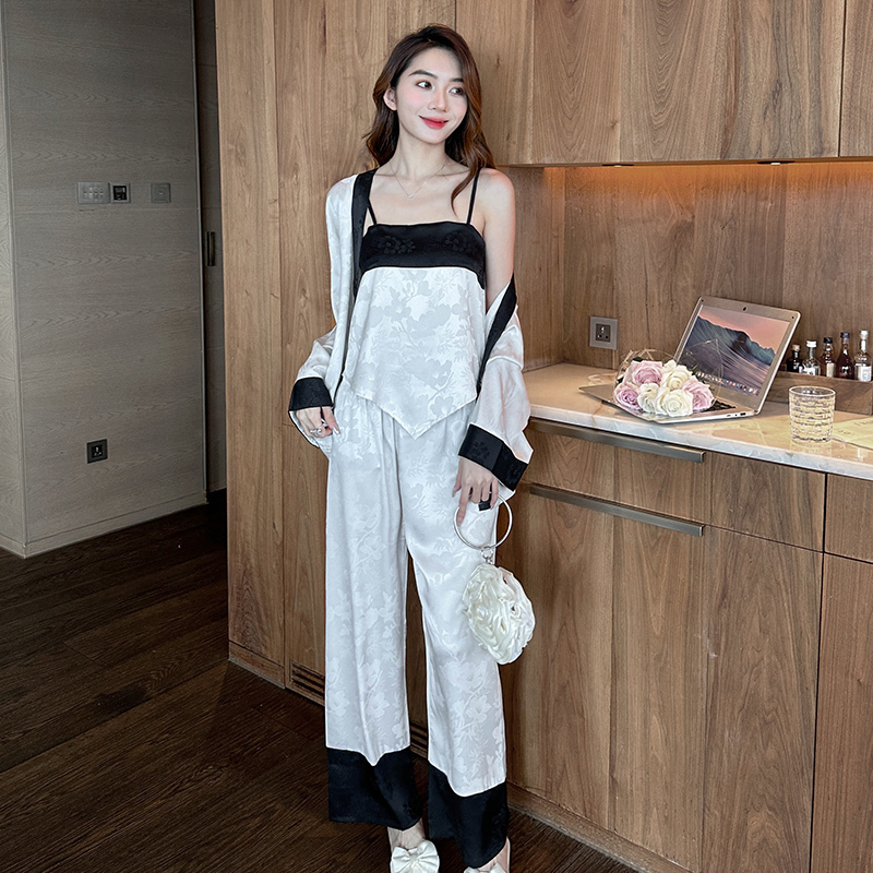Chinese-Style Silk Pajamas with Breast Pads for Women, Summer Three-Piece Set, Camisole, Dressing Gown, Spring and Autumn Style Loungewear Set