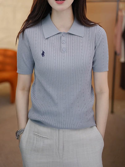 2025夏款天丝莱赛尔刺绣POLO领短袖t恤打底衫女内搭短袖针织上衣