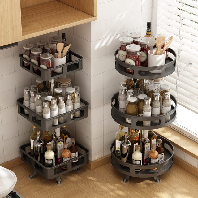 Kitchen Item Storage Rack, Rotating Metal Spice Rack, Three-Layer Adjustable Spice Rack, No Drilling Required