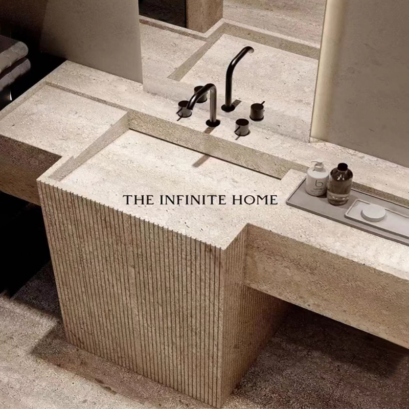 Marble Pedestal Basin with Extended Countertop, Integrated Floor-Standing Indoor Washbasin and Sink