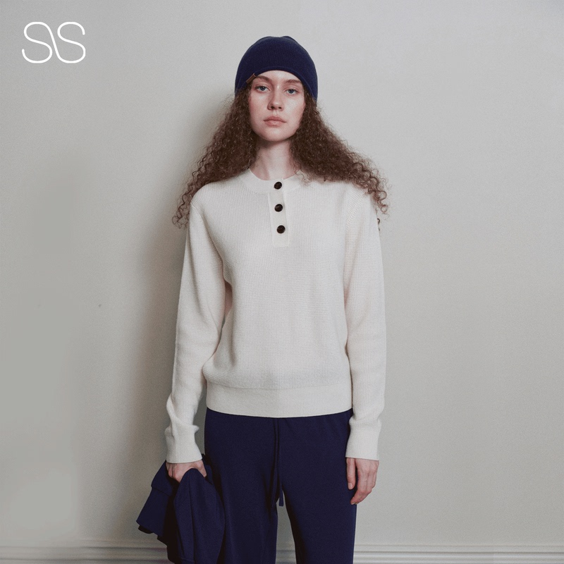 Sway Home Series Merino Wool Waffle Henley Collar Casual Knitted Long-Sleeved Pullover Sweater