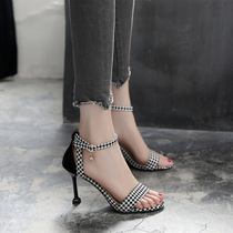 Niche design kitten heel high-heeled sandals womens small size 31-43 size one-word buckle color matching large size stiletto heel open toe