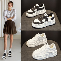 2024 Spring New Thick Sole Height Genuine Leather Sneakers Womens 7CM Platform Sole Small Breathable Panda White Shoes