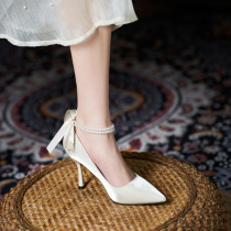 2024 new pointed toe stiletto high heels large size plus fattening and widening pearl one-word buckle womens single shoes small size shallow mouth