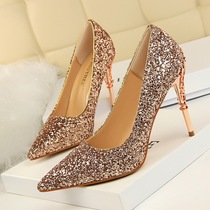 9219-12 style fashion sexy nightclub womens shoes metal heel stiletto high heel shallow mouth pointed toe sequin shoes