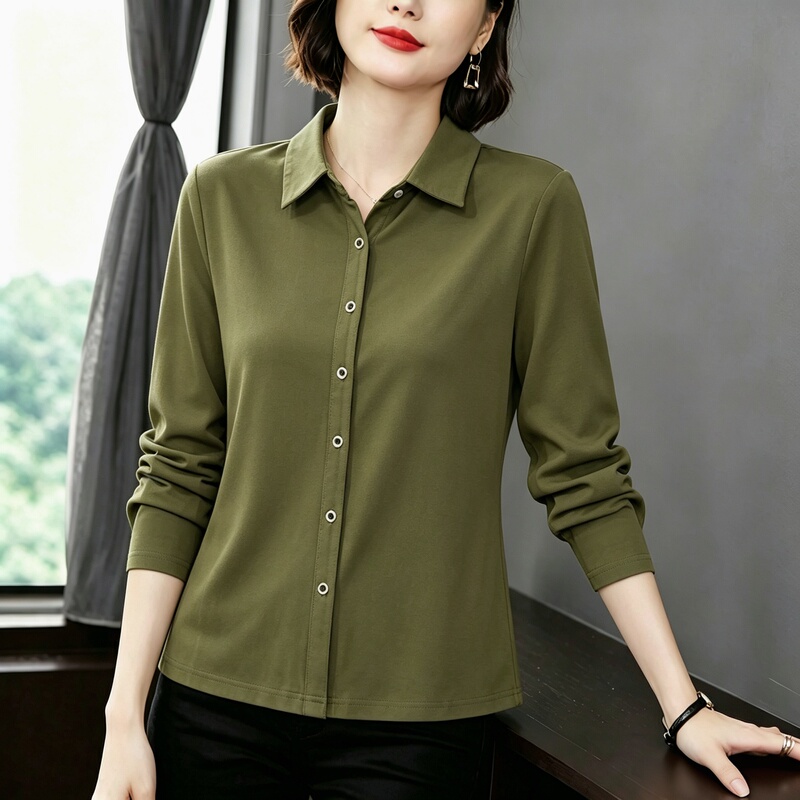 Polo Shirt Pure Cotton Long-Sleeved T-Shirt for Women 2026 Autumn and Winter New Style Elegant Loose Lapel Right Shoulder Button Large Size Top