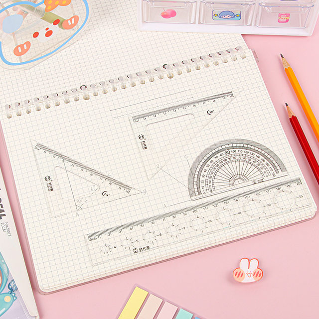 Elementary School Students' Four-Piece Set of Rulers, Non-Stick, Non-Adhesive, Rubber Rulers, Children's Measuring and Drawing Transparent Rulers