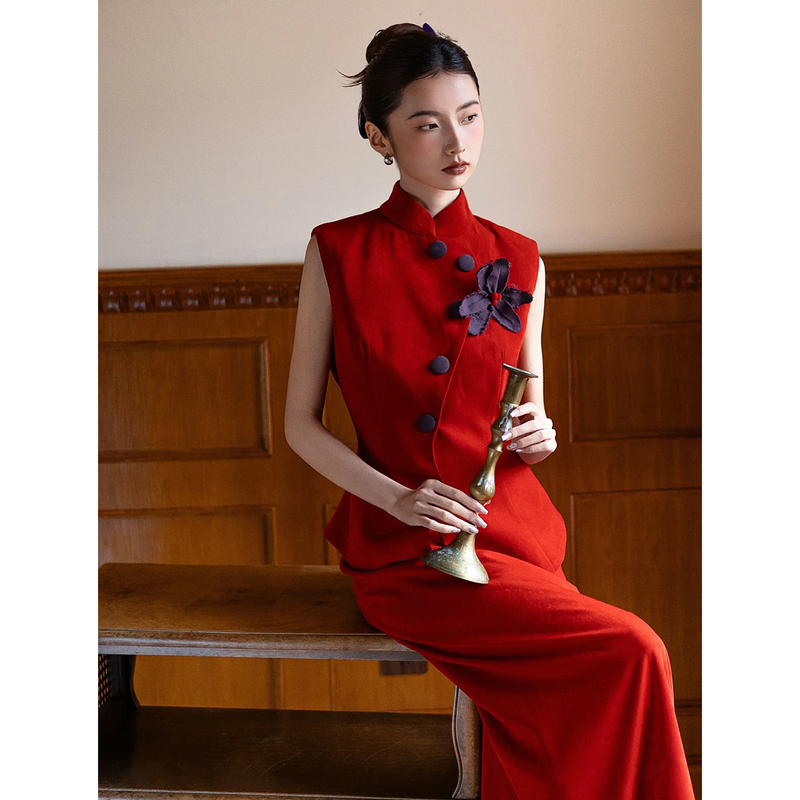 Retro Sleeveless Dressing Gown, New Chinoiserie Toast Dress, Bride's Dignified Red Engagement Homecoming Dress, Two-Piece Wedding Dress