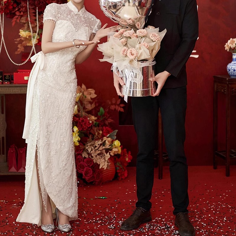 New Chinese-Style Cheongsam for Toasting, High-End Heavy Sequin Trailing Dress for Engagement, Bridal Fishtail Homecoming Dress New Chinese-Style Cheongsam for Toasting, High-End Heavy Sequin Trailing Dress for Engagement, Bridal Fishtail Homecoming Dress