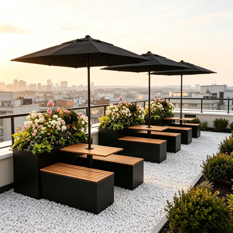 Outdoor Flower Box Tables and Chairs with Umbrellas, Commercial Street Cafe Terrace Outdoor Dining Tables and Chairs, Outdoor Rest Area Plastic Wood Tables and Chairs